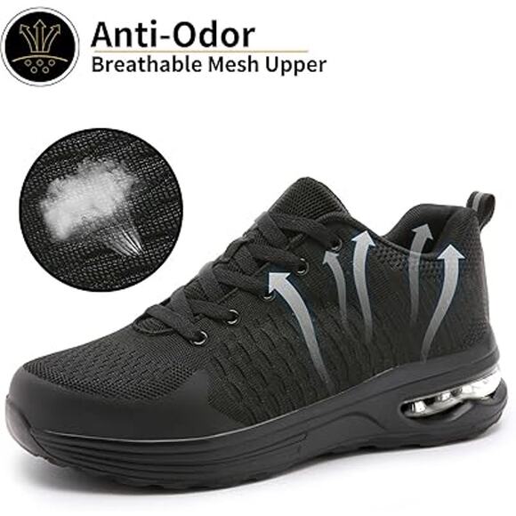 Lupwee Mens Size 14 Black Breatheable Mesh Lace Up Steel Toe Non Slip Work Shoes - Picture 4 of 7